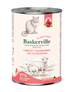 Pełnoporcjowa mokra karma bezzbożowa dla kota seniora Baskerville Jagnięcina z żurawiną i kocią trawą, 400g