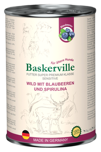 Pełnoporcjowa bezzbożowa mokra karma superpremium dla ps&oacute;w o wrażliwym układzie pokarmowym i senior&oacute;w Baskerville Jeleń z jagodami i spiruliną, 400g
