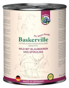 Pełnoporcjowa bezzbożowa mokra karma superpremium dla ps&oacute;w o wrażliwym układzie pokarmowym i senior&oacute;w Baskerville Jeleń z jagodami i spiruliną, 800g